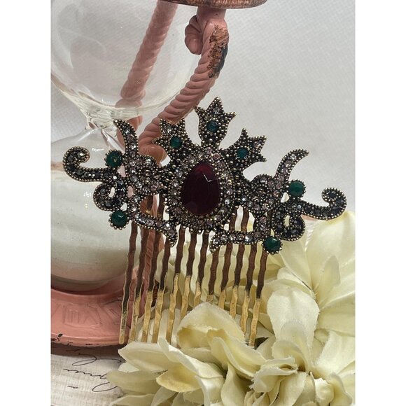 Vintage Style Victorian Ruby Emerald Rhinestone Hair Comb Gold Medieval 3 inch l - Picture 3 of 8
